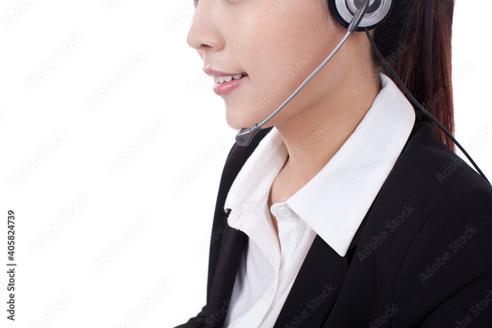 Female office worker wearing headset close-up portrait Female office worker wearing headset close-up portrait
