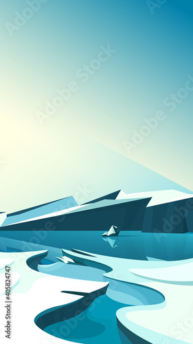 Arctic landscape with frozen water. Natural scenery in vertical orientation.
