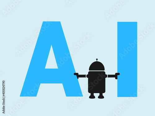 Robot is holding two letters - AI as Artificial Intellgence. Technology of clever machine. Inlelligent robotics and cybernetics. Vector illustration.
