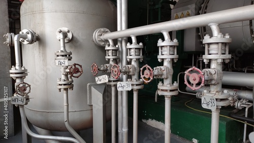 Pipelines and fittings of thermal equipment. High pressure steam lines. Industrial equipment. Thermal power plant.