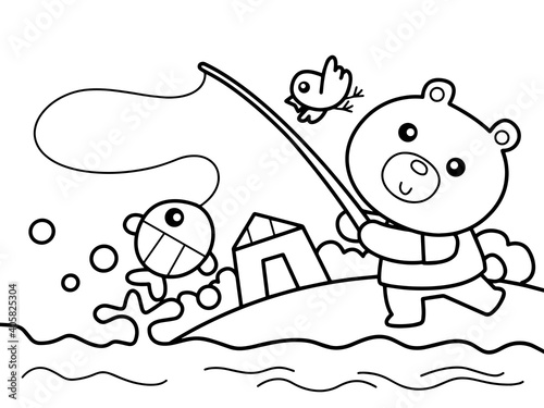 Bear go fishing without color for color book