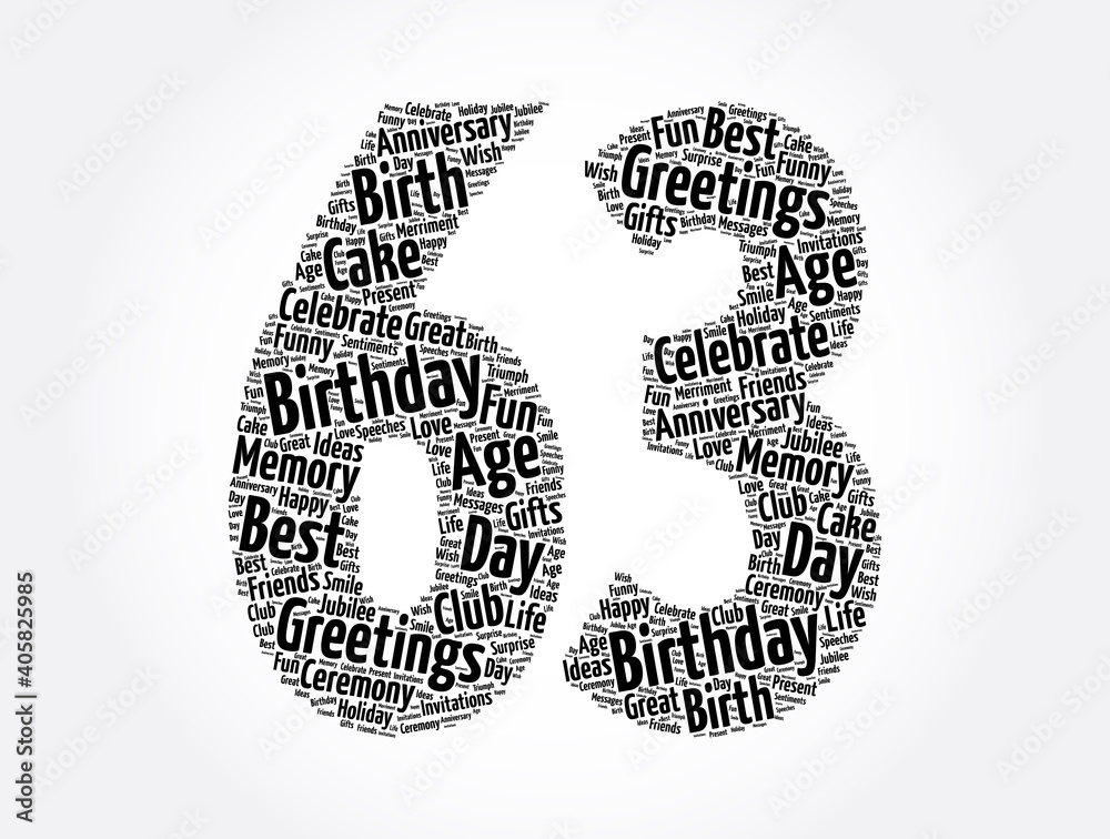 Happy 63rd birthday word cloud, holiday concept background Happy 63rd birthday word cloud, holiday concept background