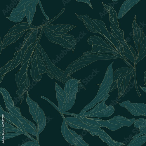 Luxury gold and nature green background. Floral pattern, Peony leaf line arts illustration.