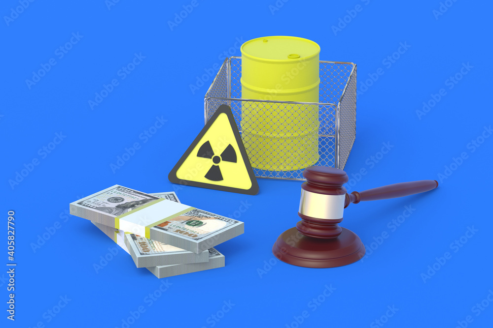 Barrel with toxic substance, judge gavel. Agreement on storage, transportation, disposal of radioactive waste. Taxation of chemical plants. Fine or arrest. Nuclear industry regulation. 3d render