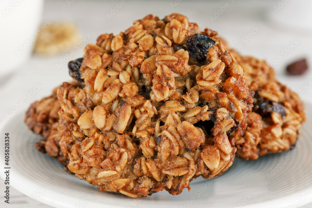 Oatmeal cookies on a saucer close up