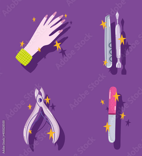 manicure icons set, hand nail file cuticle pusher and trimmer tools cartoon style design