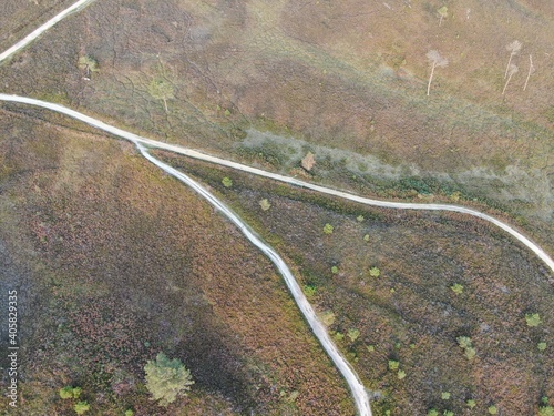 aerial view of converging paths on heathland 