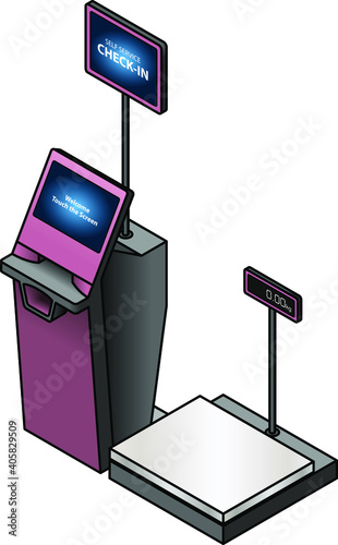 An airport self service check in booth/kiosk with attached baggage scales.