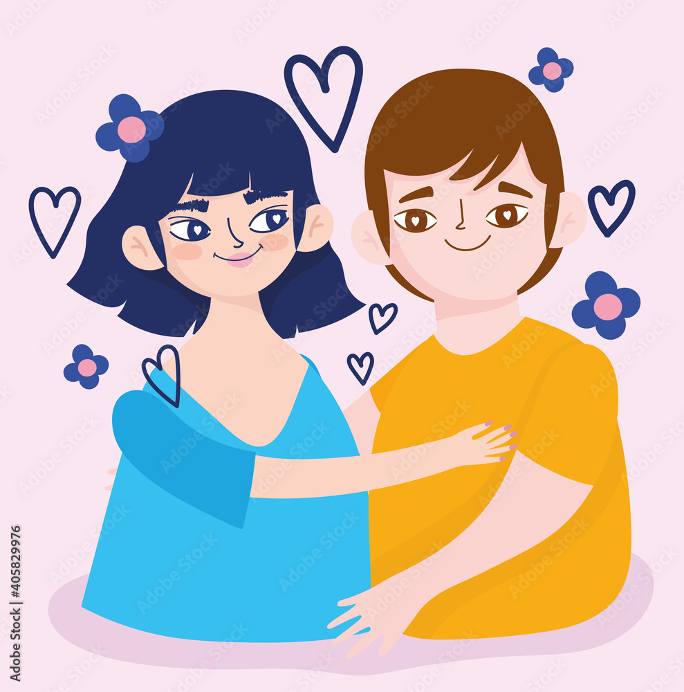 couple love flowers and hearts romance portrait cartoon characters couple love flowers and hearts romance portrait cartoon characters
