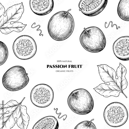 Vector frame with passion fruit. Hand drawn. Vintage style