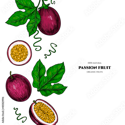 Vector frame with passion fruit. Hand drawn. Vintage style