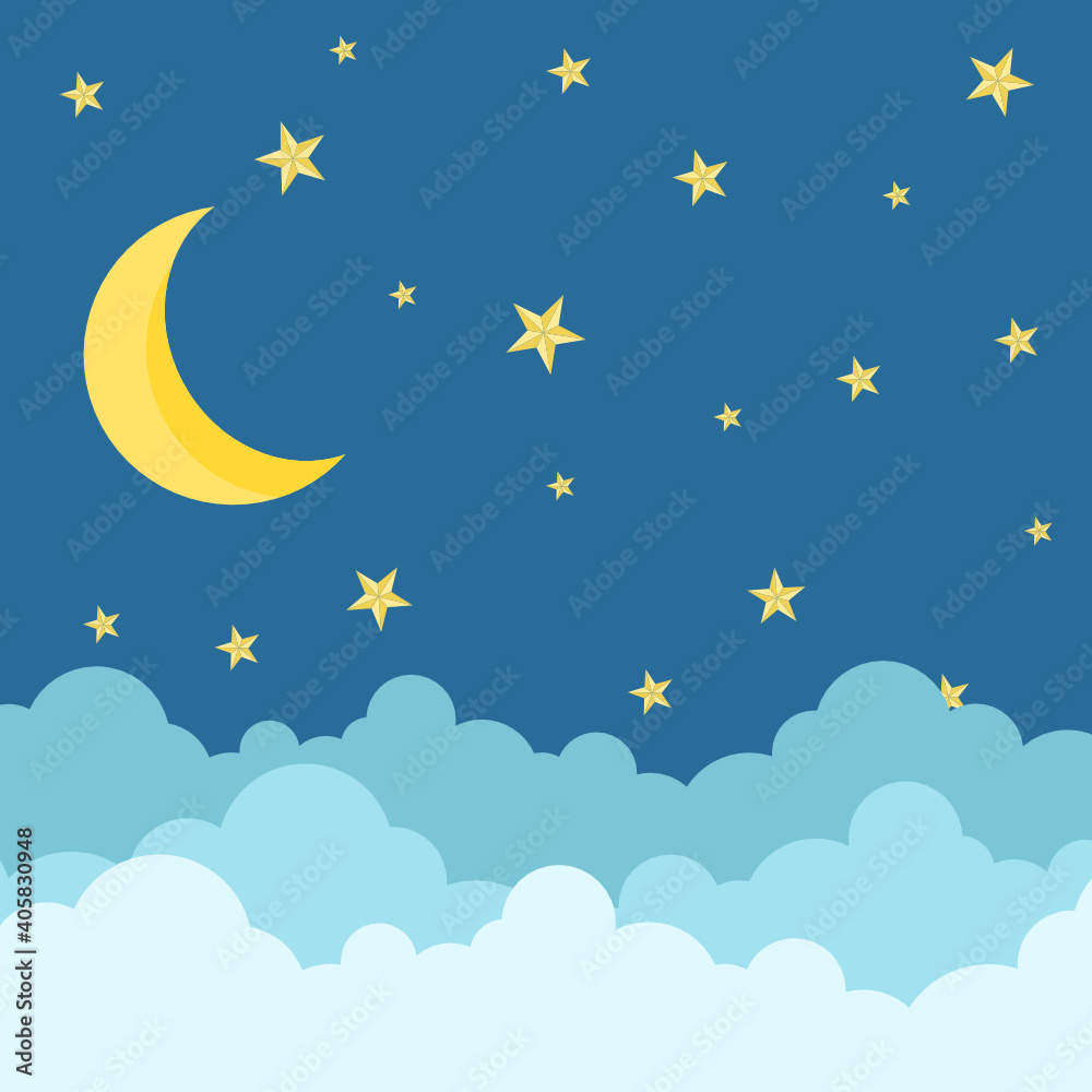 moon stars and clouds cartoon on blue background.