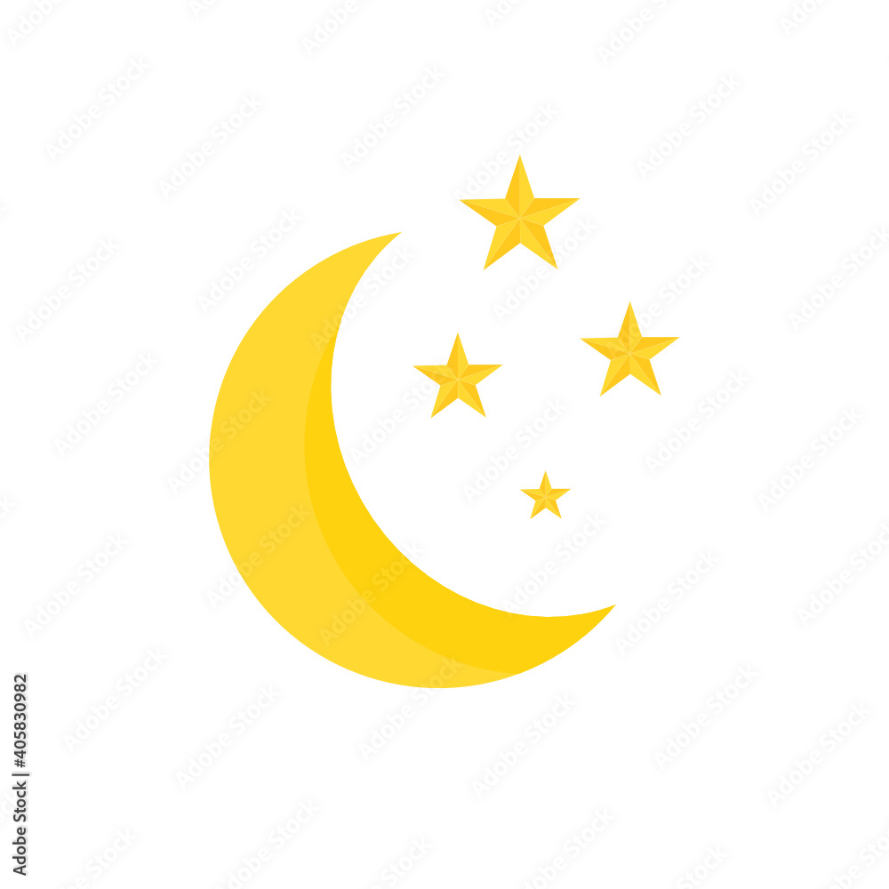 Moon and stars flat design on white background.