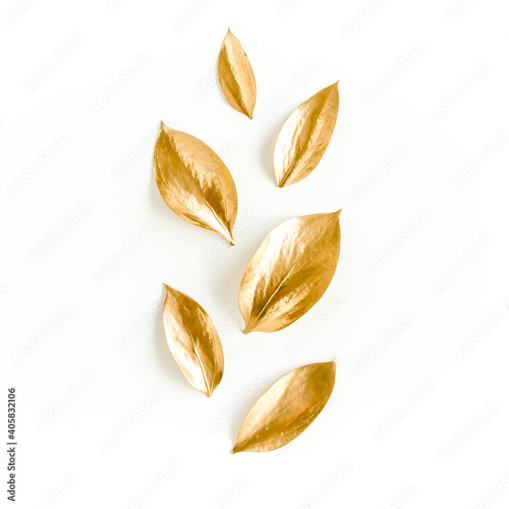 Pattern, texture with gold leaves isolated on white background. flat lay, top view Pattern, texture with gold leaves isolated on white background. flat lay, top view