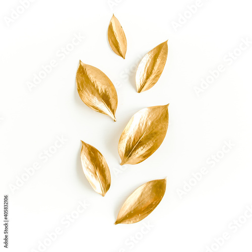 Pattern, texture with gold leaves isolated on white background. flat lay, top view