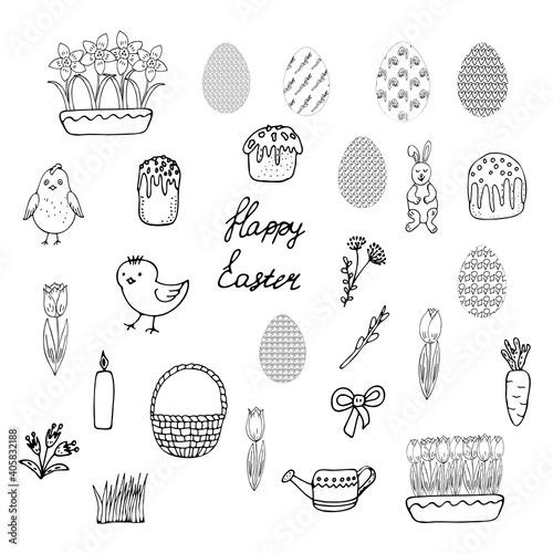 Easter set. Eggs, Easter cakes, chicken, basket, candle, flowers, tulips, daffodils, onions, pussy willow, watering can. The eggs are painted with curls, willow, snowdrop, bow, heart, figurines.