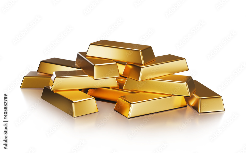 Pile of Gold bars isolated on white background with clipping path Financial success, business investment and wealth concept. 3D rendering