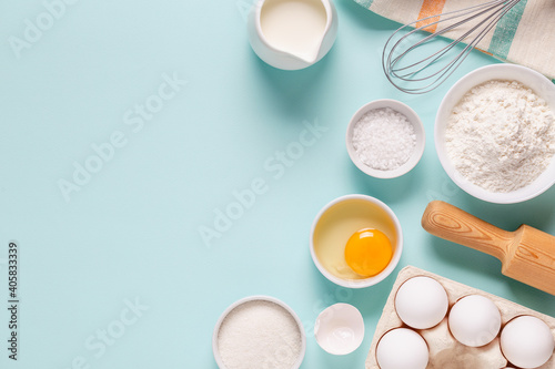 Baking or cooking background. Ingredients, kitchen items for baking.
