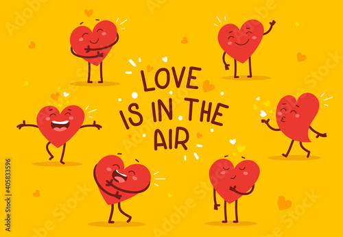 Vector set of red happy heart character in different poses with text on yellow background.