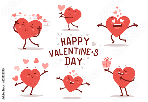 Vector set of red happy heart character in different poses with text on white background.