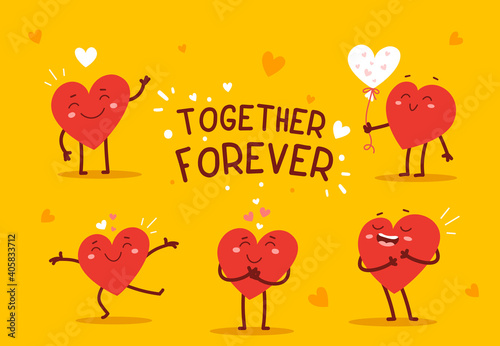 Vector set of red happy heart character together in different poses with text on yellow background.