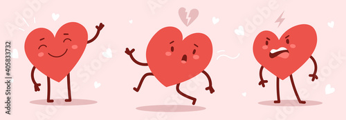 Vector set of red cute heart character in different poses with happy and angry emotions on pink background.