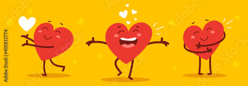 Vector set of red cute heart character in different poses with happy emotions on yellow background.
