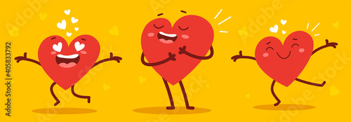 Vector set of red happy heart character in different poses on yellow background.