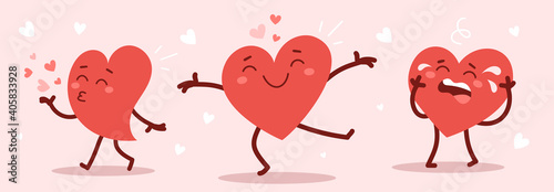 Vector set of red happy and cry heart character in different poses on pink background with heart.