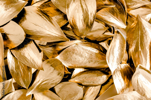 Pattern, texture with gold leaves isolated on white background. flat lay, top view