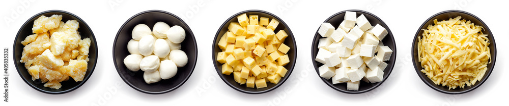 Bowl of Parmesan, Mozzarella and soft cheese isolated on white Bowl of Parmesan, Mozzarella and soft cheese isolated on white