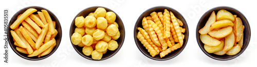 Bowls of french fries isolated on white, from above