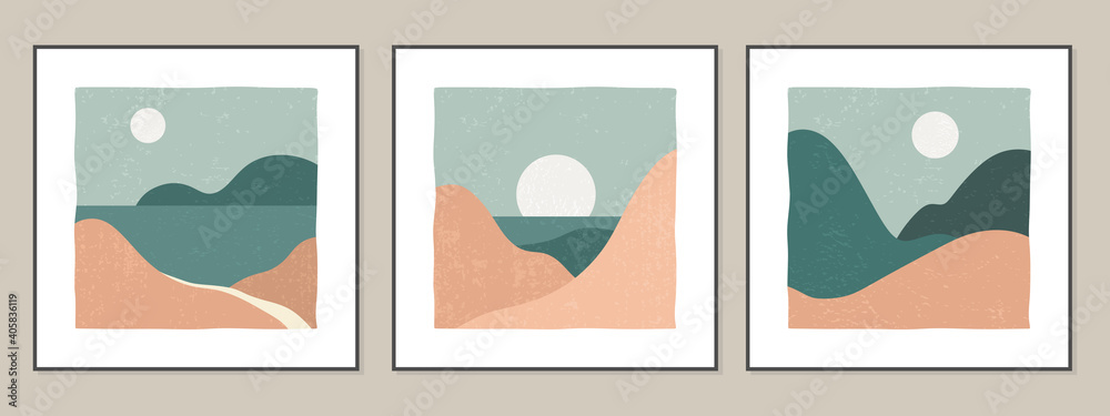 Set of trendy minimalist abstract landscapes with mountains, lake, sea. Posters for web and interior walls. Vector.