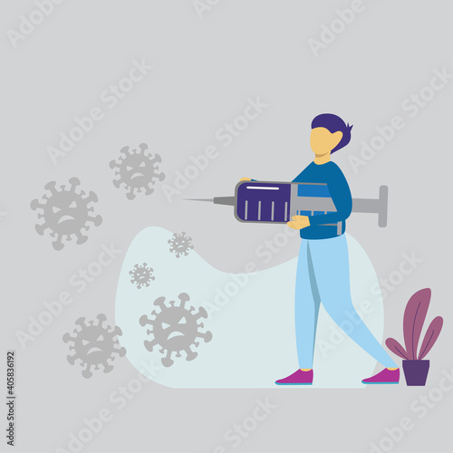modern flat people character. illustration of a medic fighting a virus with a vaccine inject. people Fight, Defeat, Protect virus concept. corona viruses vaccine concept. ideal for websites, UI.
