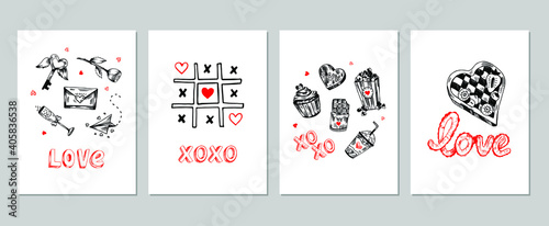 Hand drawn vector collection of red, black, white colored Valentine's day gifting cards. Graphic style sketches with love elements and words. 14 February gifting cards. 
