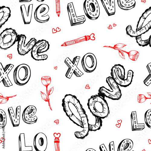 Hand drawn graphic vector valentine's day seamless pattern. Love sketch elements isolated on white. 14 february elements pattern. Love doodle background.