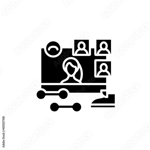 Online fitness classes glyph icon. Sport Meeting together concept. Internet streaming website. Social distanced gym. Public live stream physical training. Isolated silhouette vector illustration