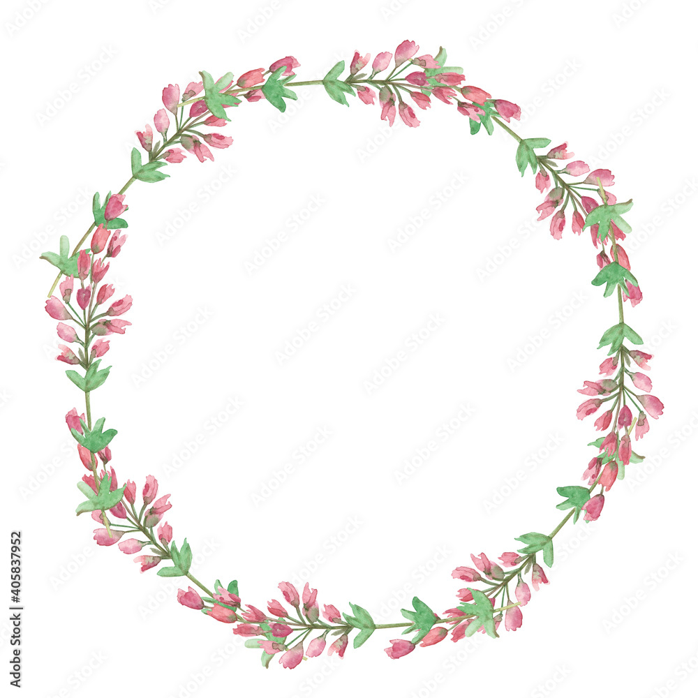 Watercolor hand painted nature circle border frame with pink heather flowers and green leaves on branch wreath bouquet on the white background for invite and greeting card with space for text