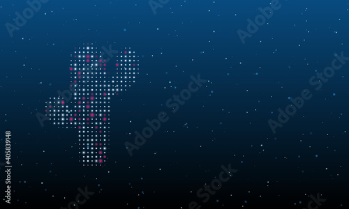 On the left is the cactus symbol filled with white dots. Background pattern from dots and circles of different shades. Vector illustration on blue background with stars