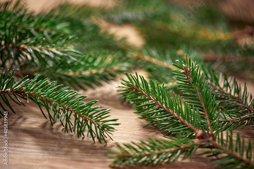 Christmas card - Christmas tree branches on the wooden background