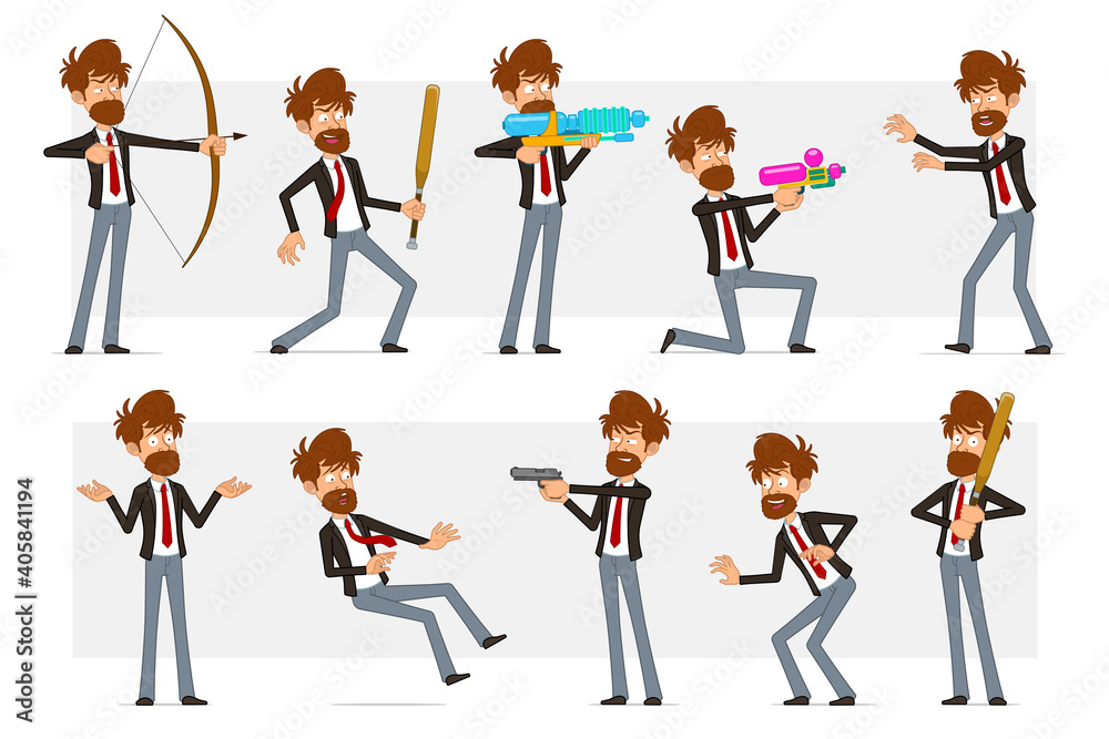 Cartoon flat funny bearded businessman character in black suit and red tie. Boy holding baseball bat, pistol, shooting from water gun. Ready for animation. Isolated on gray background. Vector set.