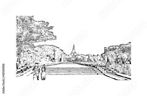 Building view with landmark of 
Dawei is the 
city in Myanmar. Hand drawn sketch illustration in vector.