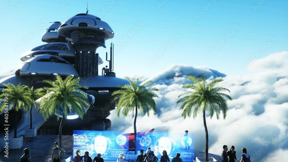 People And Robots Futuristic City Station On The Clouds Flying