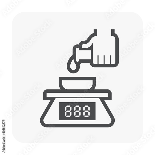 Pharmaceutical production industry or lab test vector icon. Process of weighing substrate consist of balance scale or measurement weigh equipment, liquid or chemical drop, test tube, scientist hand.
