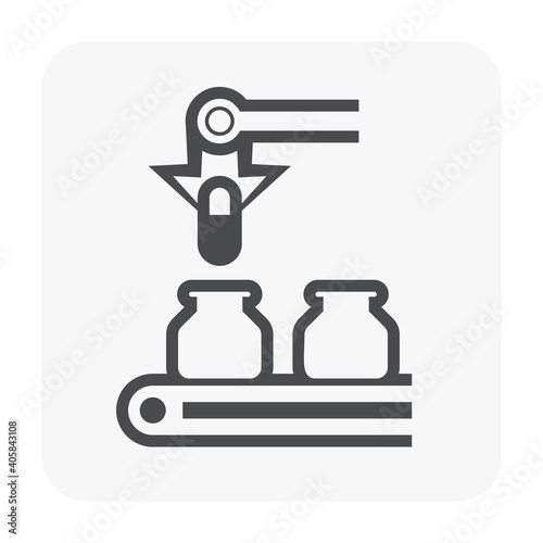 Pharmaceutical and supplement manufacturing industry vector icon. Consist of robot or automated machine filling capsule of drug or medical product in bottle packaging on conveyor and production line.