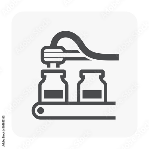 Pharmaceutical, supplement, nutraceutical or cleaning product manufacturing industry vector icon. Consist of robot or automated machine filling liquid in bottle package on conveyor and production line