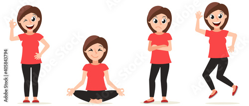 Set of a girl smiling, doing yoga and being offended on a white background. Character