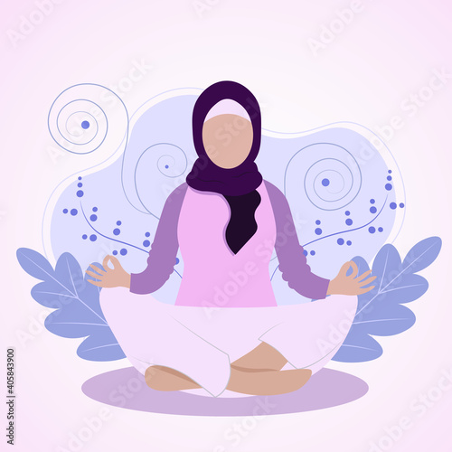 emirati arabic young muslim woman in the beautiful purple hijab from united arab emirates faceless model make yoga sport meditation vibes