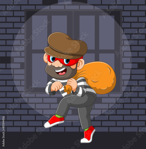 The thief using the musk and holding a sack of money on it