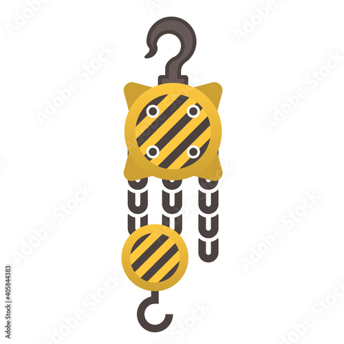 Manual chain hoist or steel chain block hoist vector icon. Lifting equipment include pulley, hook, lever, trolley, mechanical for factory, construction site, garage, workshop, warehouse and dock.